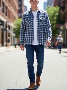 Vintage Wrangler Blue and White Plaid Pearl Snap Flap Pocket Knit Western Shirt